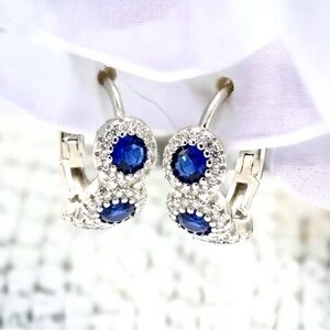 925 Solid Sterling Silver Luxury Blue CZ Huggie Hoop Earrings